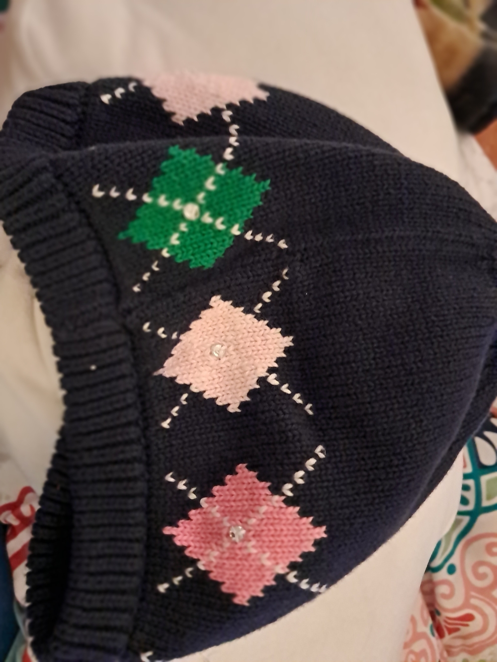 Gymboree Navy Knit Kids Beanie with Pink & Green Argyle
